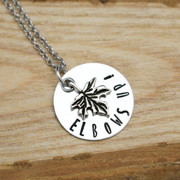 Elbows Up! Maple Leaf Hand Stamped Pendant Necklace - Handmade & Hypoallergenic - Picture 2 of 11